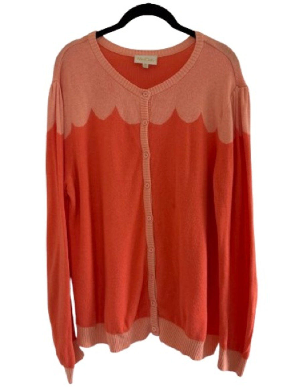 Modcloth Parisian Button Down Cardigan Sweater Scallop Print Orange Puff Sleeve